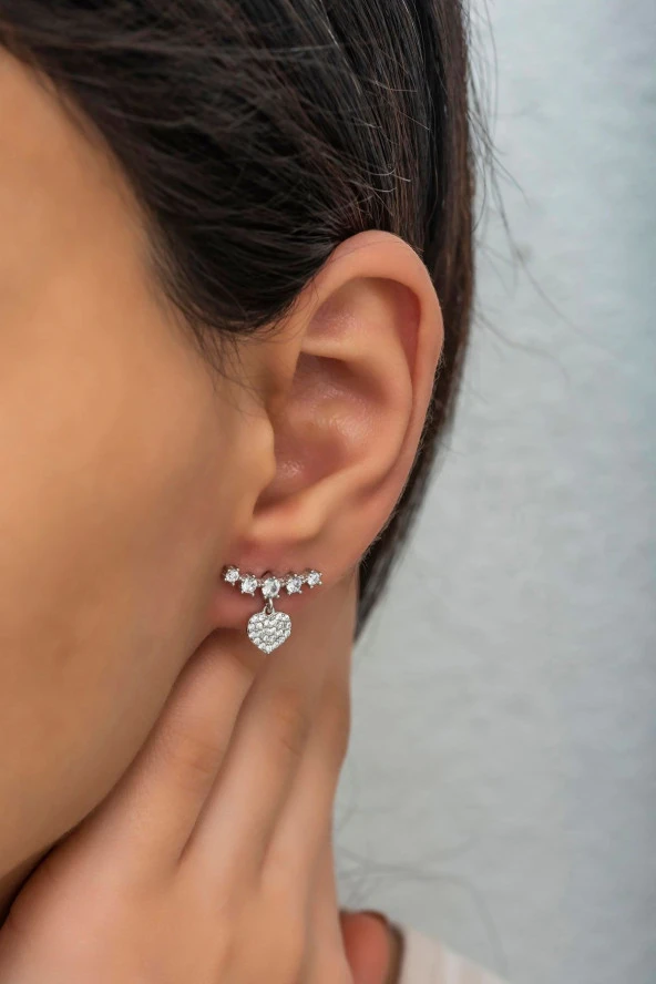 925 Ayar Gümüş  Beş Taşlı Sallantılı Kalp Küpe - Resim 2