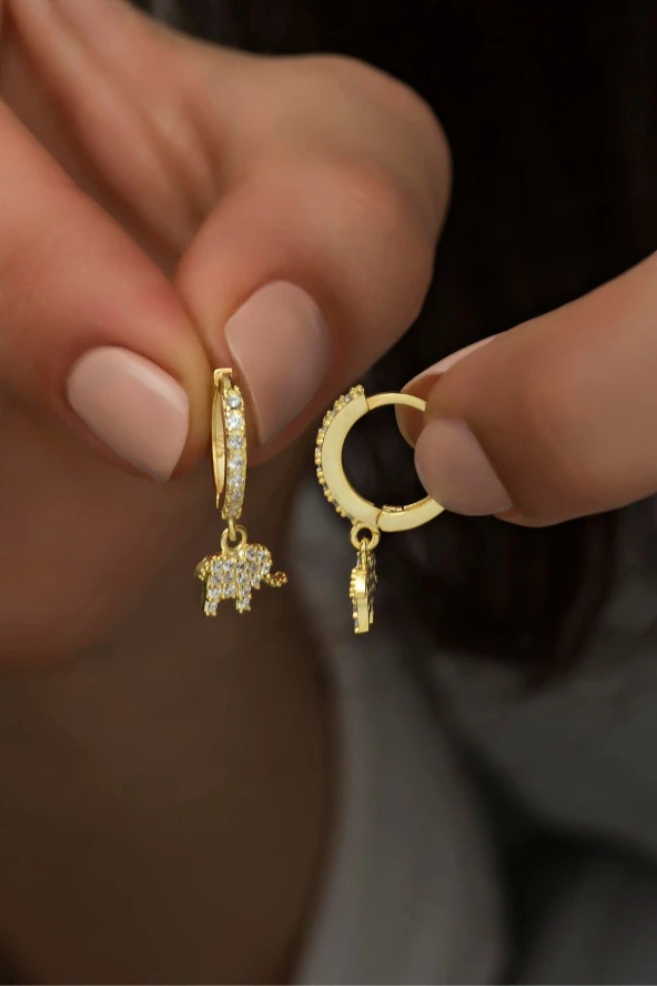 925 Ayar Gümüş Sallantılı Gold Fil Küpe - 1