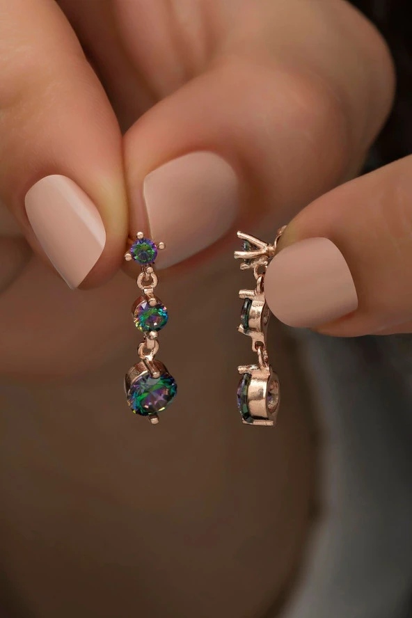 925 Ayar Gümüş Sallantılı 3'Lü Mistik Topaz Taşlı Küpe ürün görseli