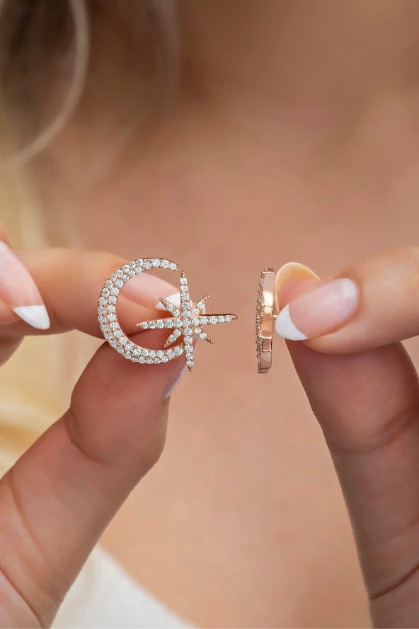 925 Ayar Gümüş Zirkon Taşlı Ayyıldız Küpe ürün görseli