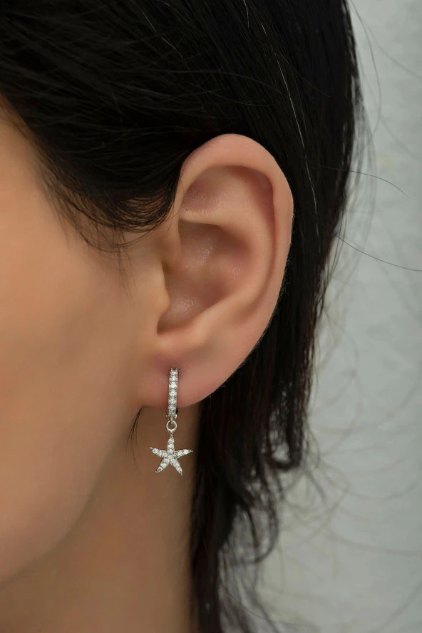 925 Ayar Gümüş Sallantılı Rodyumlu Deniz Yıldızı Küpe - Resim 2