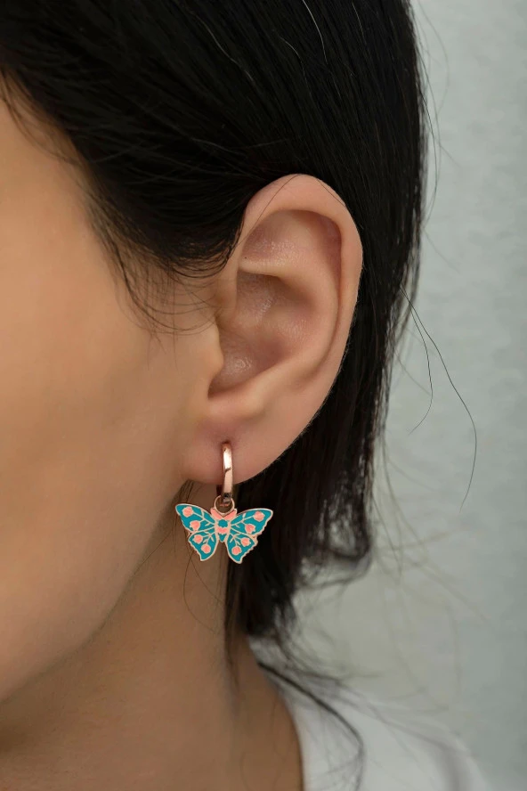 925 Ayar Gümüş Turkuaz Mineli Kelebek Küpe ürün görseli