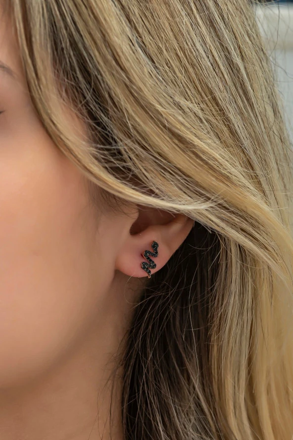 925 Ayar Gümüş Minik Siyah Zirkon Taşlı Yılan Küpe ürün görseli