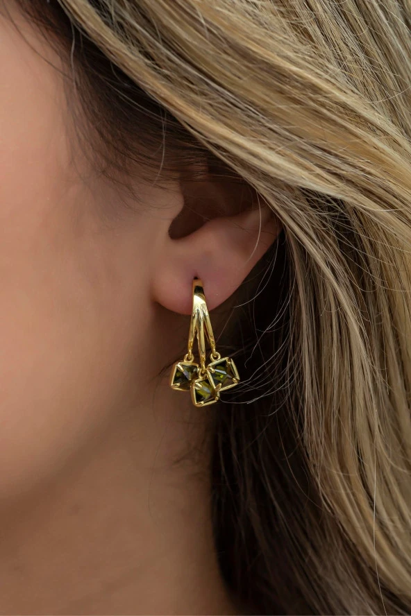 925 Ayar Gümüş Gold 3 Taşlı Yeşil Taşlı Halka Küpe - Resim 2