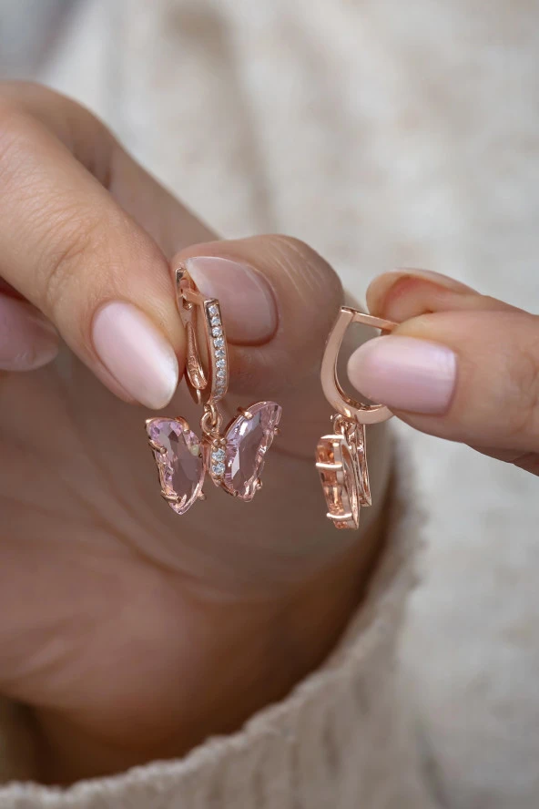 925 Ayar Gümüş Pembe Taşlı Sallantılı Kelebek Küpe ürün görseli