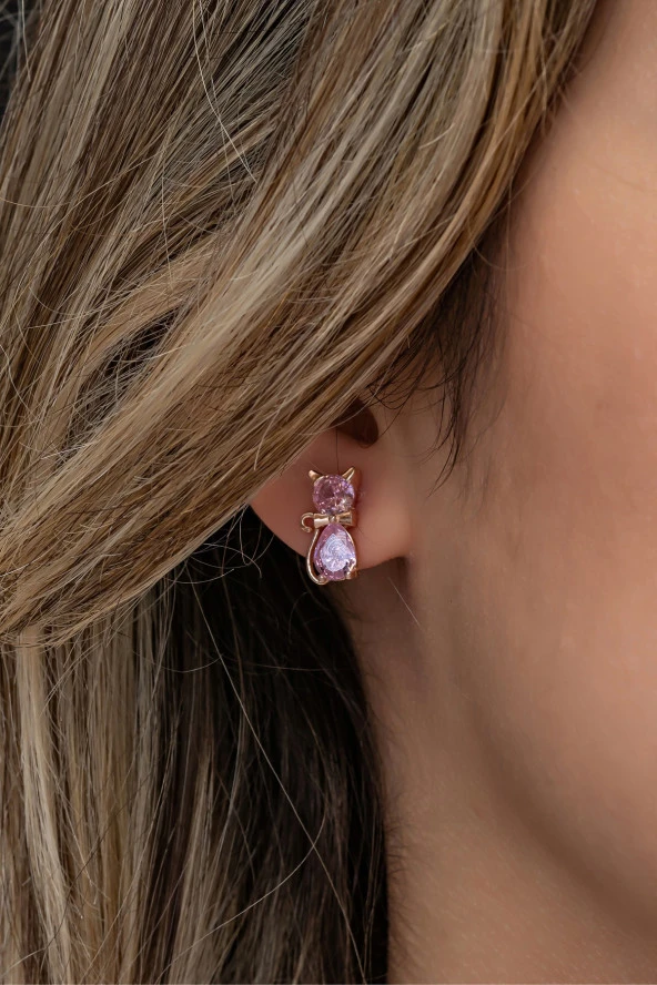 925 Ayar Gümüş Rose Pembe Taşlı Kedi Küpe ürün görseli