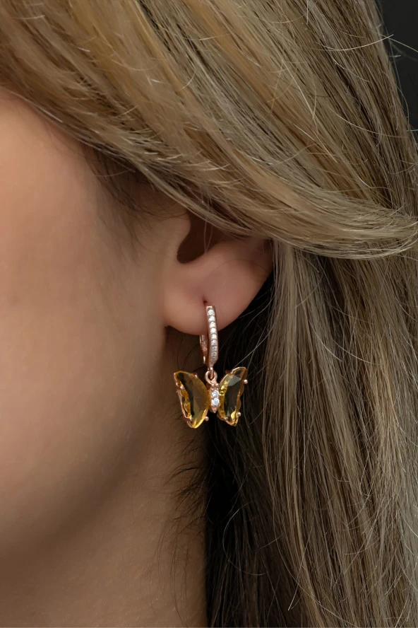 925 Ayar Gümüş Sarı Taşlı Sallantılı Kelebek Küpe - Resim 2