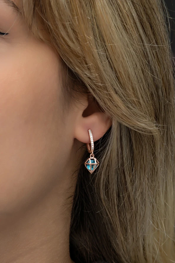 925 Ayar Gümüş Aquamarin Taşlı Kafes Model Küpe ürün görseli