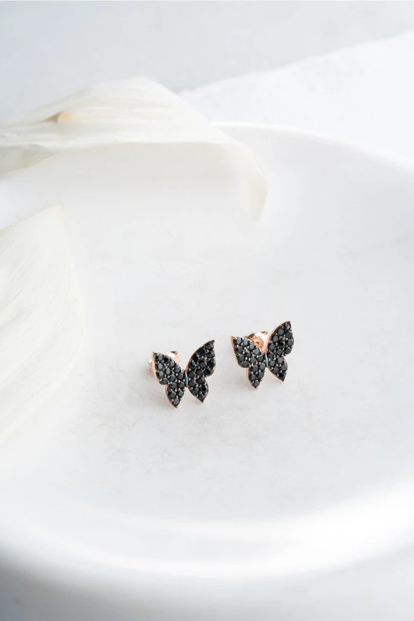 925 Ayar Gümüş  Minik Siyah Taşlı Kelebek Küpe ürün görseli