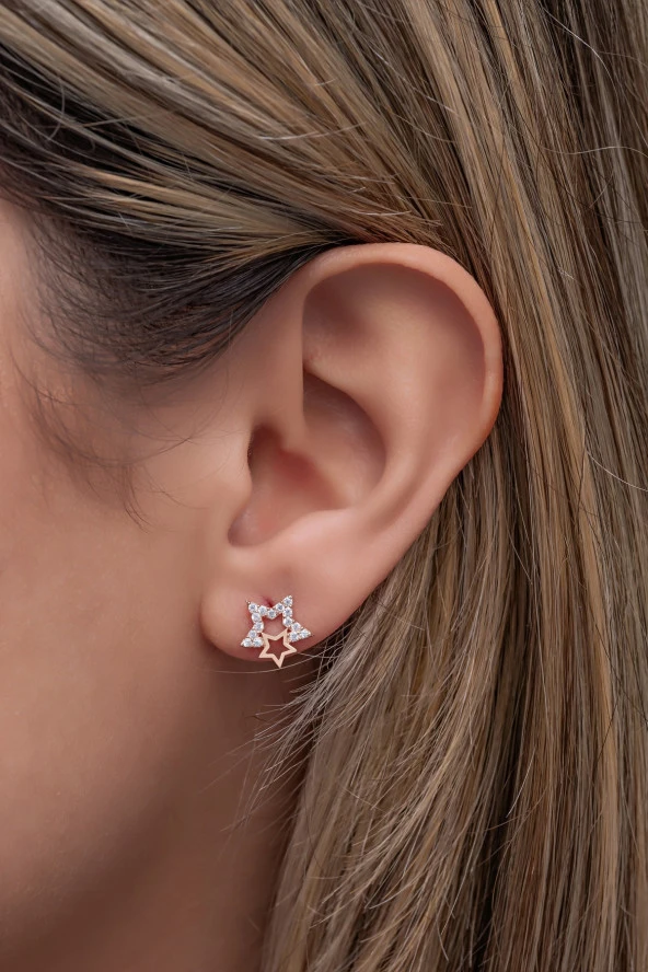 925 Ayar Gümüş Zirkon Taşlı Çift Yıldız Model Küpe ürün görseli