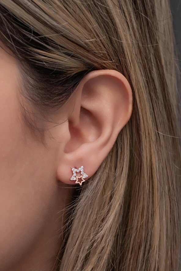 925 Ayar Gümüş Zirkon Taşlı Çift Yıldız Model Küpe - Resim 2