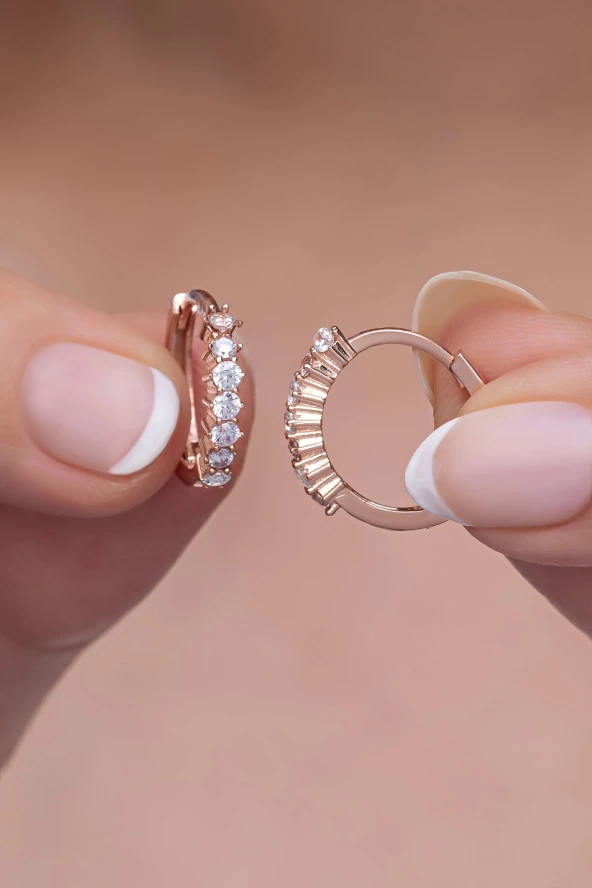 925 Ayar Gümüş Rose 15 Mm Zirkon Taşlı Halka Küpe