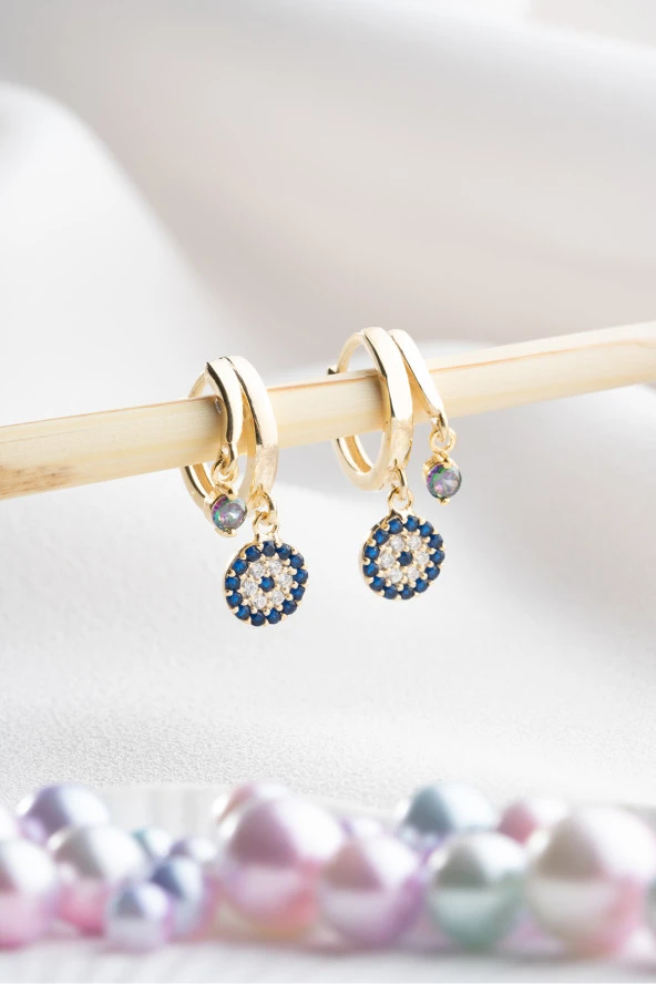 925 Ayar Gümüş Gold Mistik Topaz Taşlı 12 mm Nazar Küpe ürün görseli