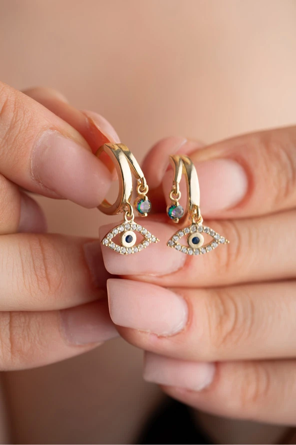 925 Ayar Gümüş Gold Mistik Topaz Taşlı 12 mm Göz Küpe ürün görseli