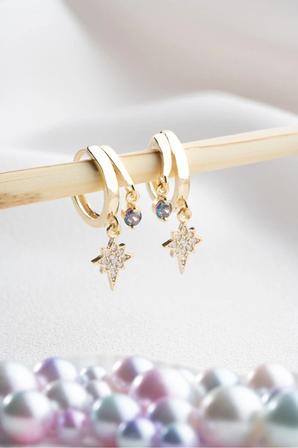 925 Ayar Gümüş Gold Mistik Topaz Taşlı 12 mm Kutup Yıldızı Küpe ürün görseli