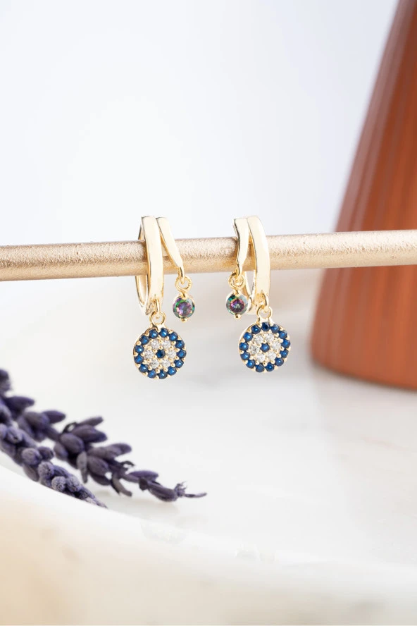 925 Ayar Gümüş Gold Mistik Topaz Taşlı 12 mm Nazar Küpe - Resim 2