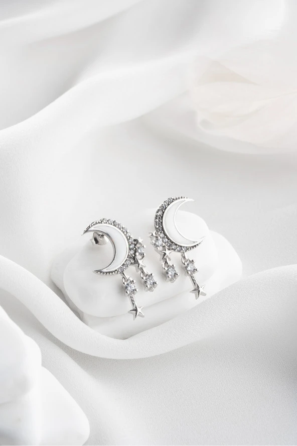 925 Ayar Gümüş Rodyum Kaplama Sallantı Yıldız Hilal Küpe ürün görseli