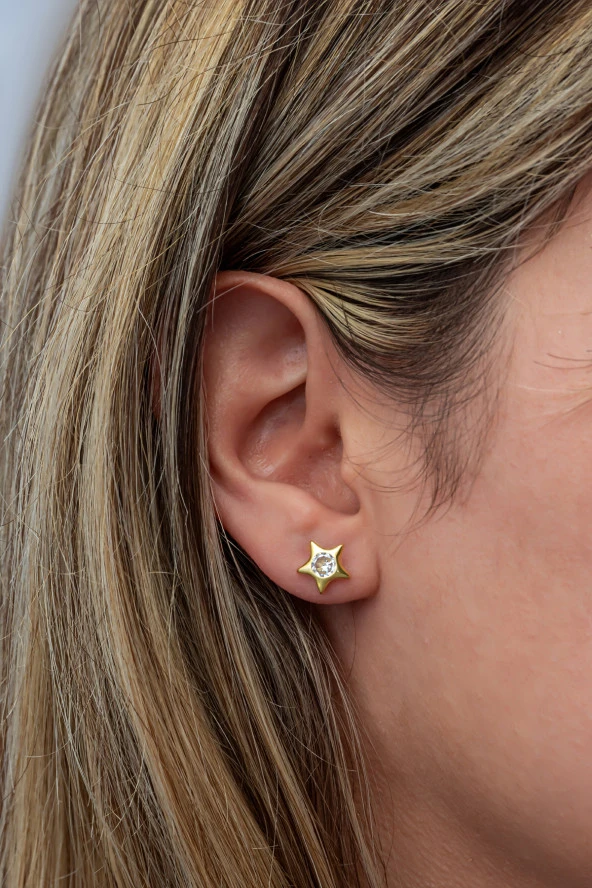 925 Ayar Gümüş Minimal Gold Tektaş Yıldız Küpe ürün görseli