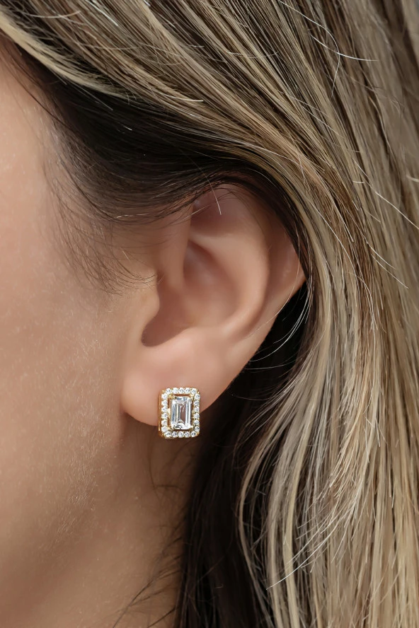 925 Ayar Gümüş Gold Kaplama Baget Taşlı Tektaş Küpe ürün görseli