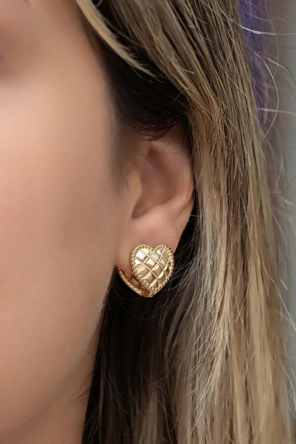 925 Ayar Gümüş Gold Kaplama Çift Taraflı Kalp Küpe ürün görseli