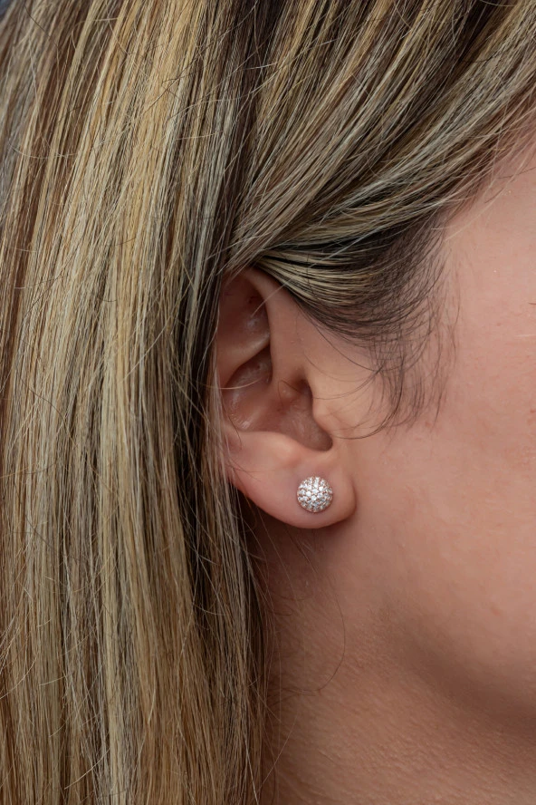 925 Ayar Gümüş Minimal Zirkon Taşlı Rose Top Küpe - Resim 2