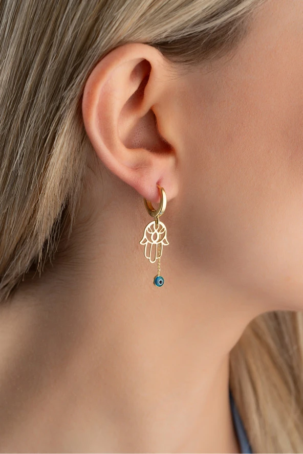 925 Ayar Gümüş Gold Kaplama 10 mm Halka NAzar Fatma Ana Eli Küpe ürün görseli