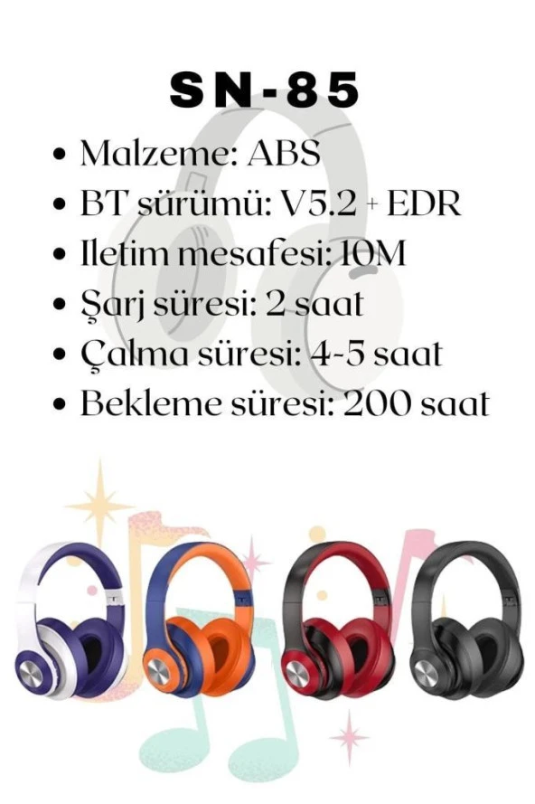 TORİMA SN-85 Kablosuz Kulaklık Bluetooth 5.1 Kırmızı-Mavi - 4
