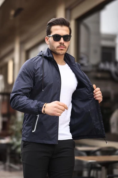 Siyah Şerit Detaylı Spor Model Kumaş Mont Lacivert Renk - 4