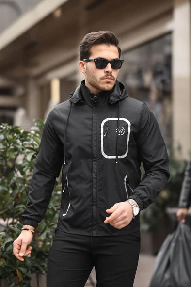 Siyah Şerit Detaylı Spor Model Kumaş Mont Siyah Renk