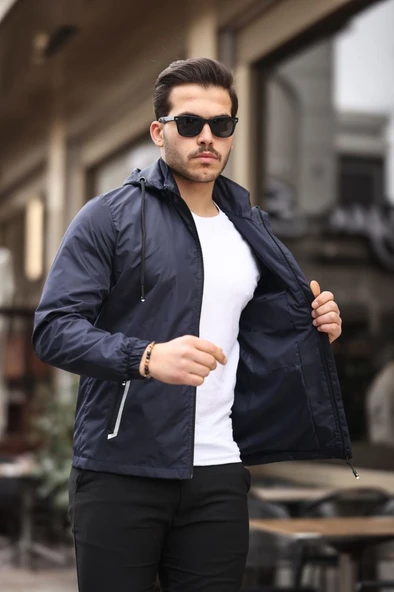 Siyah Şerit Detaylı Spor Model Kumaş Mont Lacivert Renk - 12