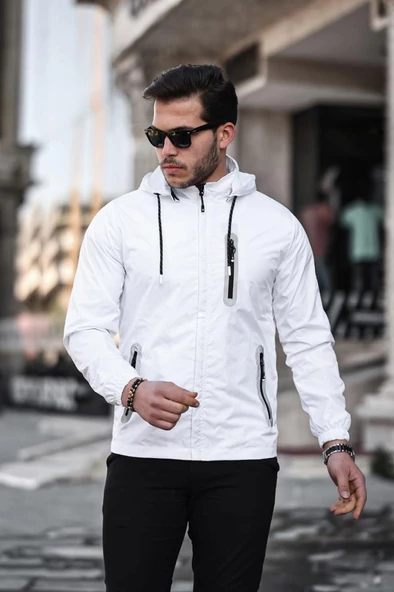Şerit Reflektör Detaylı Spor Model Kumaş Mont Beyaz Renk - 8