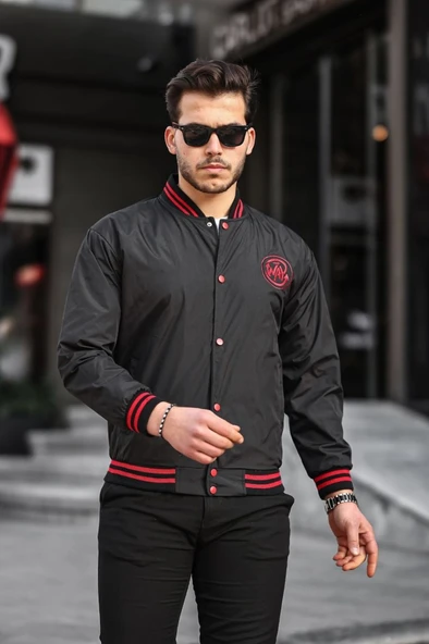 Göğsünde Kırmızı Renk Amblem Detaylı Spor Model Kolej Mont Siyah Renk - Resim 9
