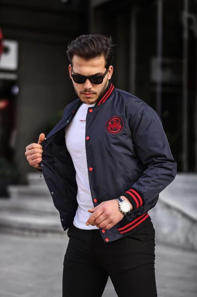 Göğsünde Kırmızı Renk Amblem Detaylı Spor Model Kolej Mont Lacivert Renk - 9