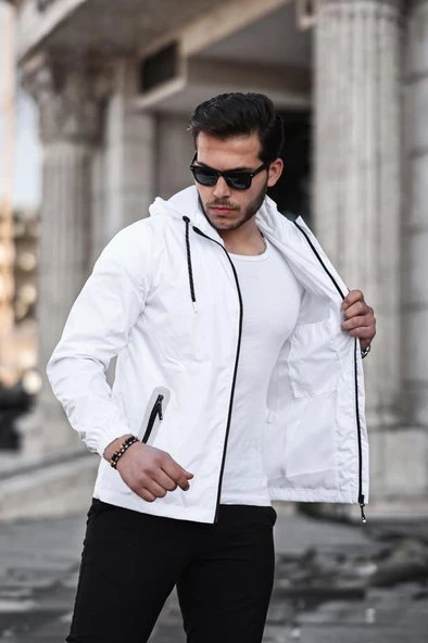Şerit Reflektör Detaylı Spor Model Kumaş Mont Beyaz Renk - 4