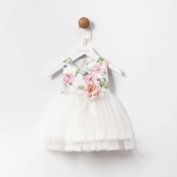 Kız Bebek Gül Desen Tül Etekli Bayramlık Elbise - 3