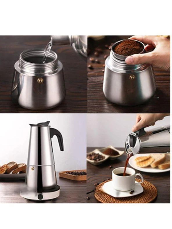 Perlotus 4 Kişilik Çelik Mokapot Espresso Filtre İtalyan Kahve Makinesi - Resim 3