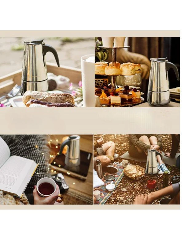 Perlotus 4 Kişilik Çelik Mokapot Espresso Filtre İtalyan Kahve Makinesi - Resim 6