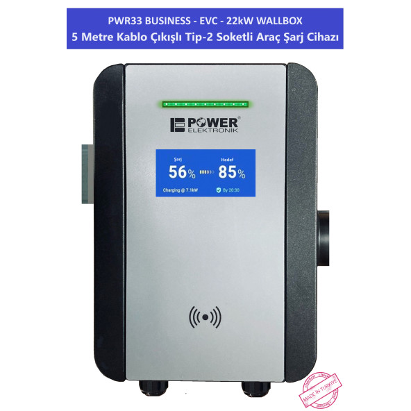 PWR33 BUSINESS -EVC-22 kW WALLBOX - 5 MT KABLO ÇIKIŞLI ELEKTRİKLİ ARAÇ ŞARJ CİHAZI