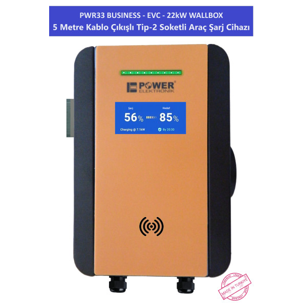 PWR33 BUSINESS -EVC-22 kW WALLBOX - 5 MT KABLO ÇIKIŞLI ELEKTRİKLİ ARAÇ ŞARJ CİHAZI - 5