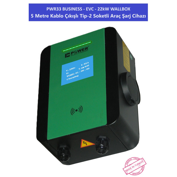 PWR33 BUSINESS -EVC-22 kW WALLBOX - 5 MT KABLO ÇIKIŞLI ELEKTRİKLİ ARAÇ ŞARJ CİHAZI - 10