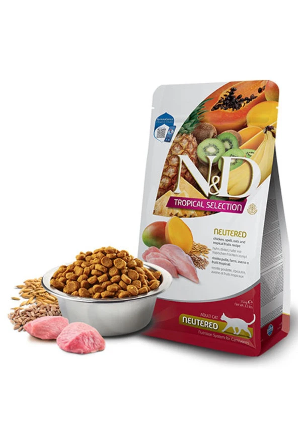 N&D Tropical Selection Tavuklu ve Tropikal Meyveli Kısırlaştırılmış Kedi Maması 4kg+1kg HEDİYE