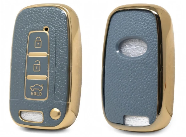 Hyundai Ix35 Santa Fe Sonata Elantra Smart Kumanda Kılıfı Oto Anahtarlık 3 Tuş Deri Desenli Gri