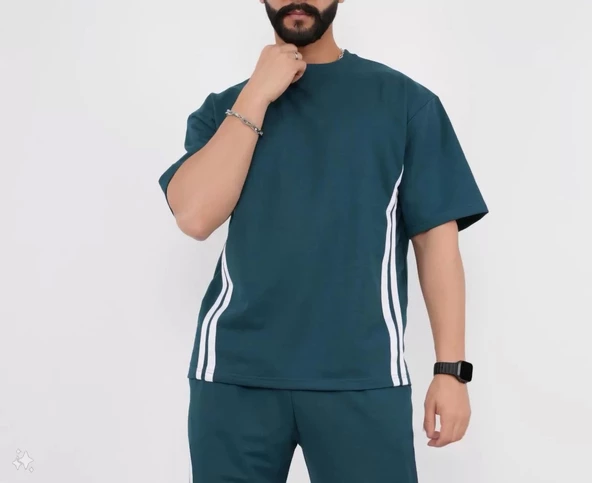 Unisex Oversize Yanları Şeritli T-Shirt - Cam Göbeği