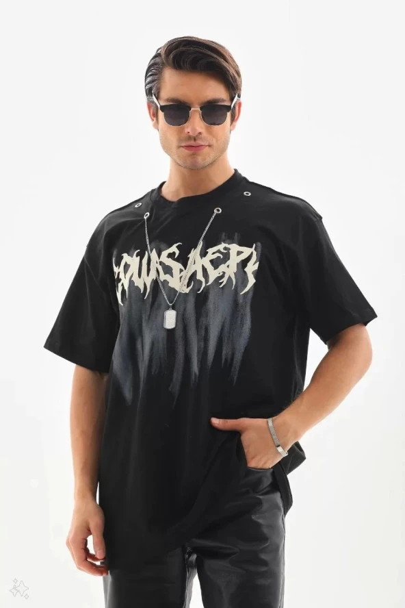 Unisex Oversize Kolye Dahil T-Shirt - Siyah