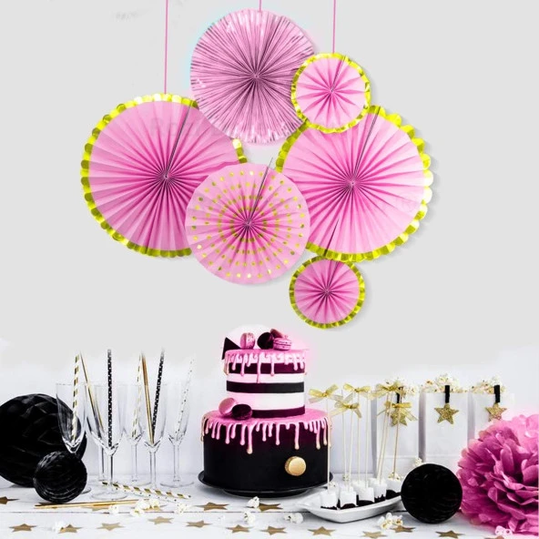 Kağıt Yelpaze Süs Varaklı Pembe Set 6 lı - Resim 3