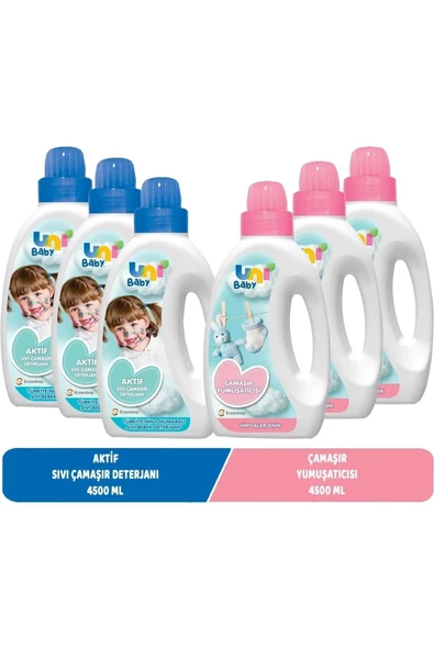 Unibaby Sıvı Çamaşır Deterjanı 1500ml Aktif 3 MAVİ + 500ml Çamaşır Yumuşatıcı Paket 3 PEMBE