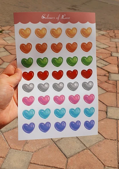 Renkli Kalpler Sticker Set -1 adet büyük boy, 2 adet küçük boy- Colours of Love - 8