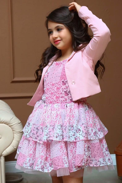 Kız Çocuk Blazer Ceketli Çiçek Baskılı Katkat Tüllü Sıfır Kol Pembe Elbise - Resim 3