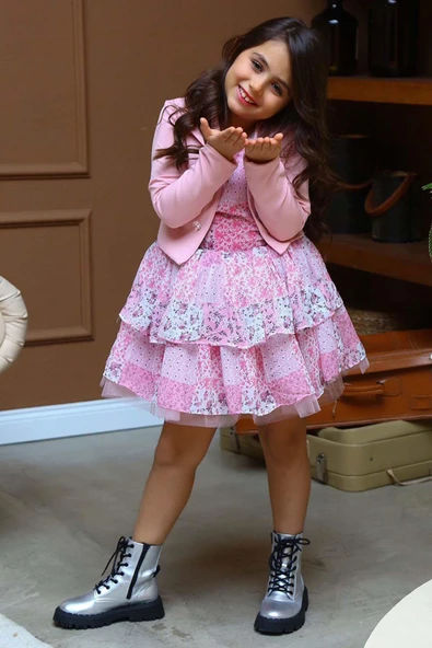 Kız Çocuk Blazer Ceketli Çiçek Baskılı Katkat Tüllü Sıfır Kol Pembe Elbise - Resim 2