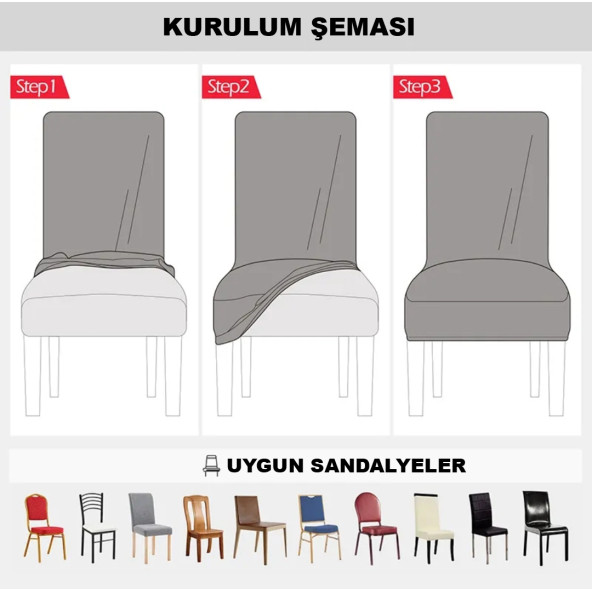 Bumedo Bambu Nano Kumaş Likralı Yıkanabilir 6'lı Sandalye Kılıfı Lastikli Sandalye Örtüsü 6 Adet-gülkurusu - Resim 2